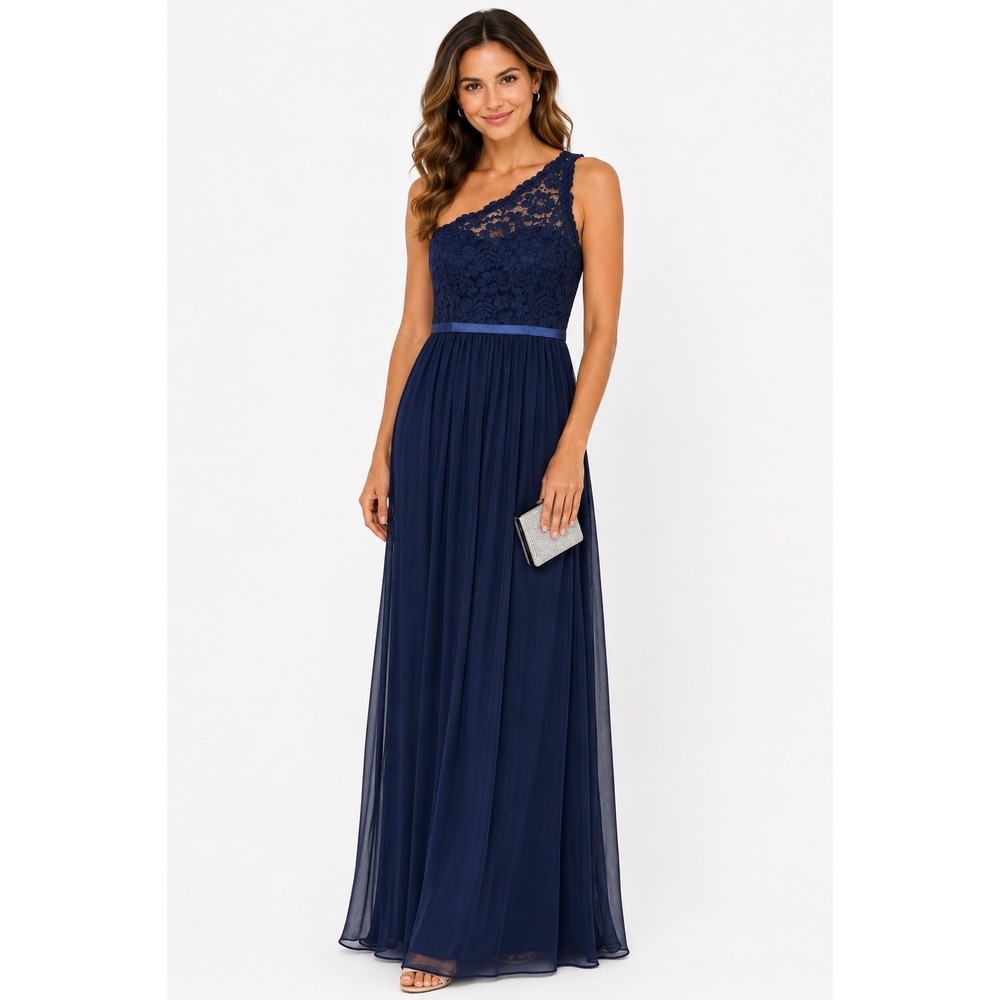 David's Bridal Navy Blue One Shoulder Lace & Pleated Chiffon Maxi Dress Size 4